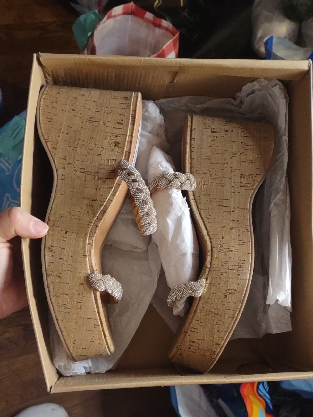 Steve Madden Champagne Braided Crystal Wedge Flip Flops